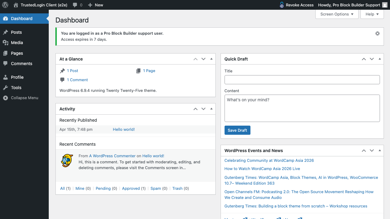 Success banner on wp-admin