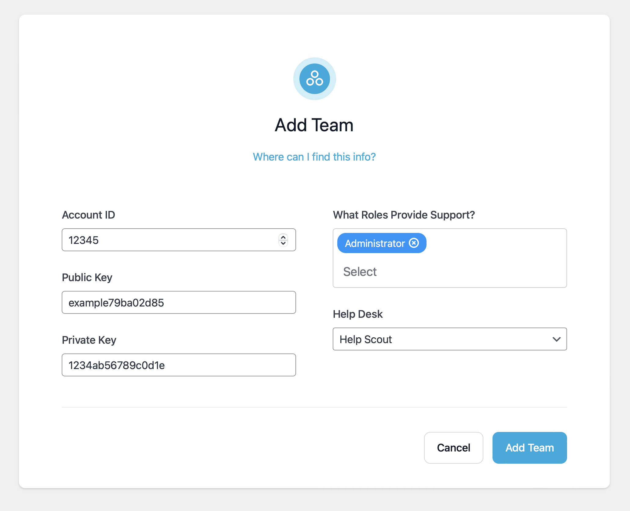 A screenshot of the Add Team screen in TrustedLogin Connector plugin. There is a form showing the described fields.