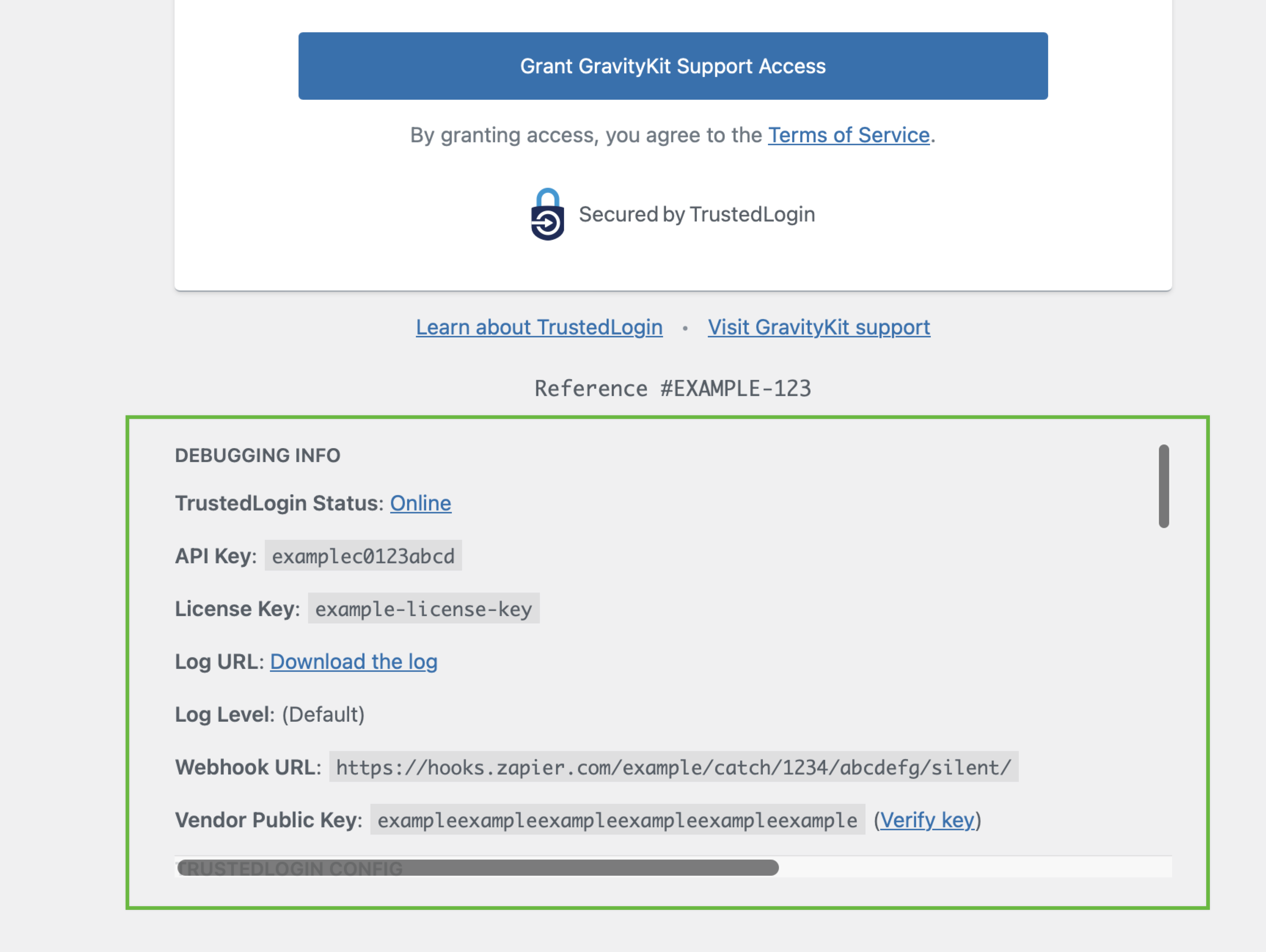 A screenshot of the Grant Support Access form with the admin debug section circled with a green border.