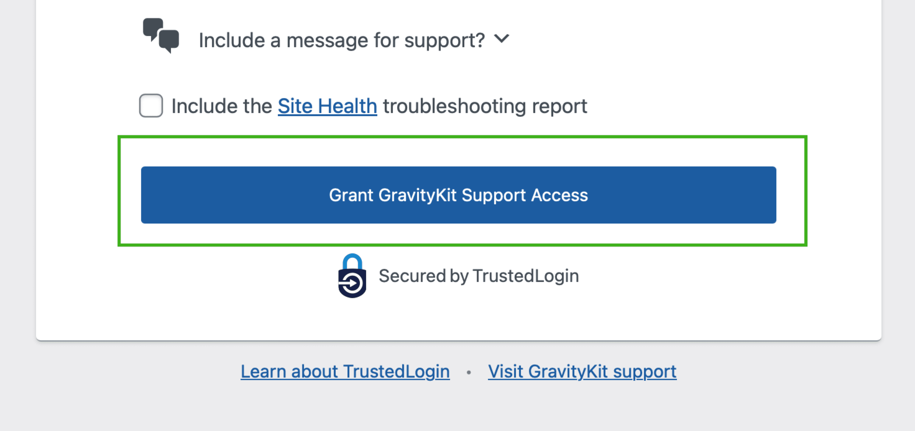 A screenshot of the Grant Support Access form with the button circled with a green border.