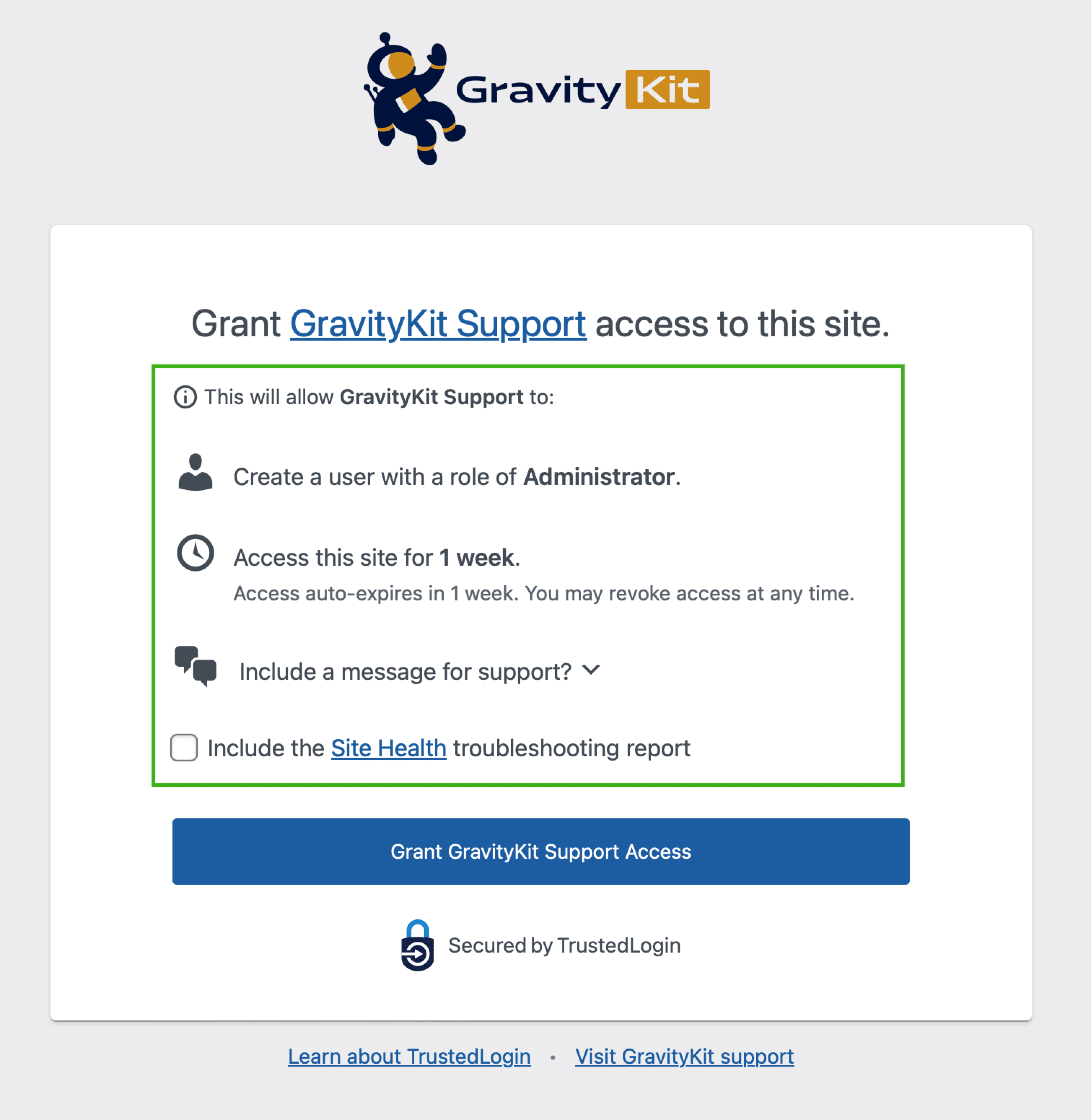 A screenshot of the Grant Support Access form with the placeholder parts highlighted.