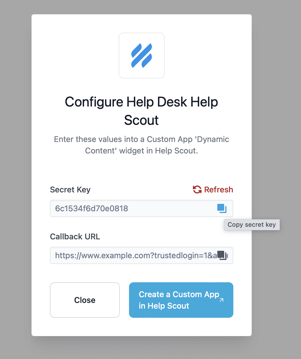 A modal showing the Secret Key and Callback URL fields, both with copy icons next to them