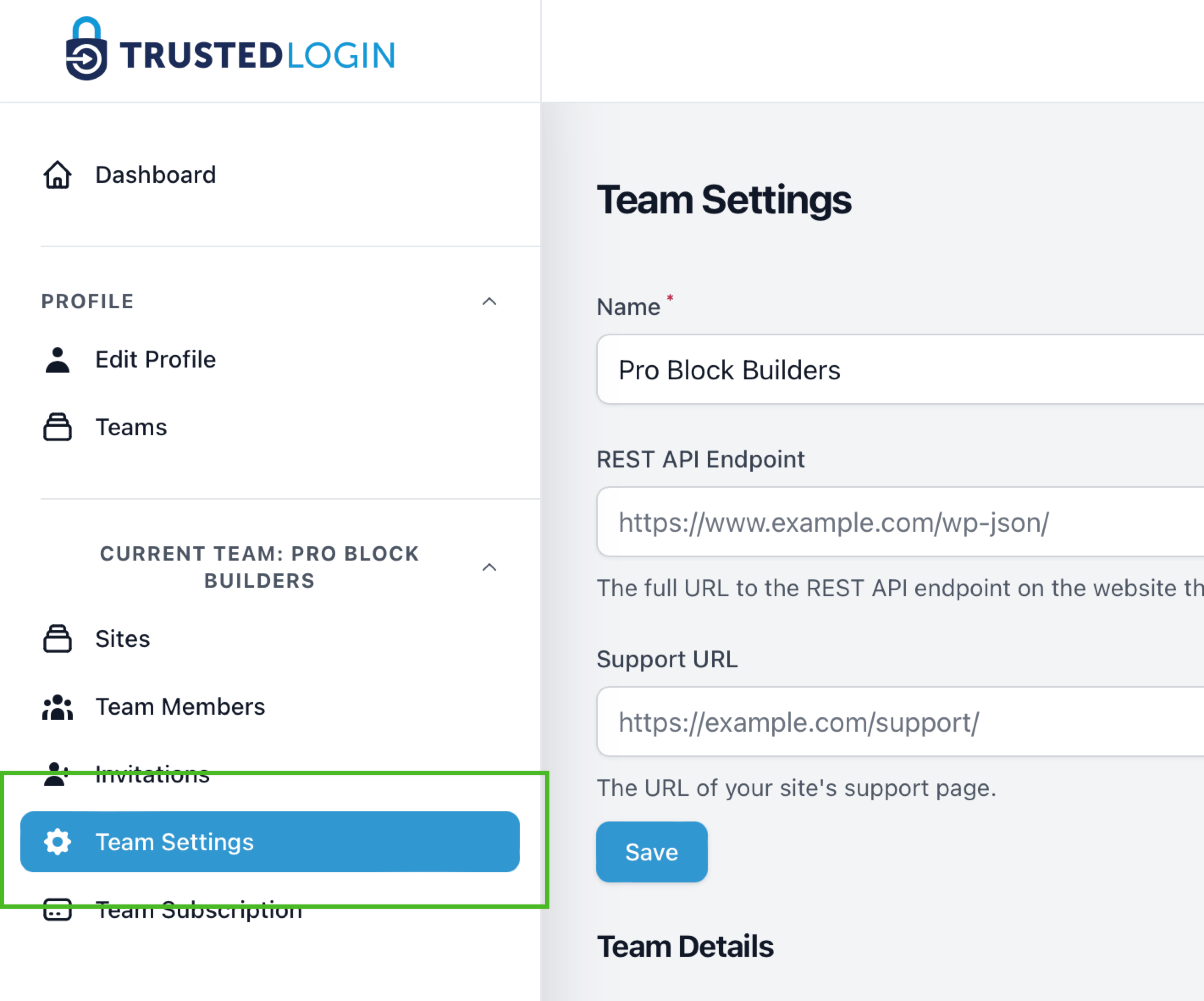 TrustedLogin menu with the Team Settings link highlighted