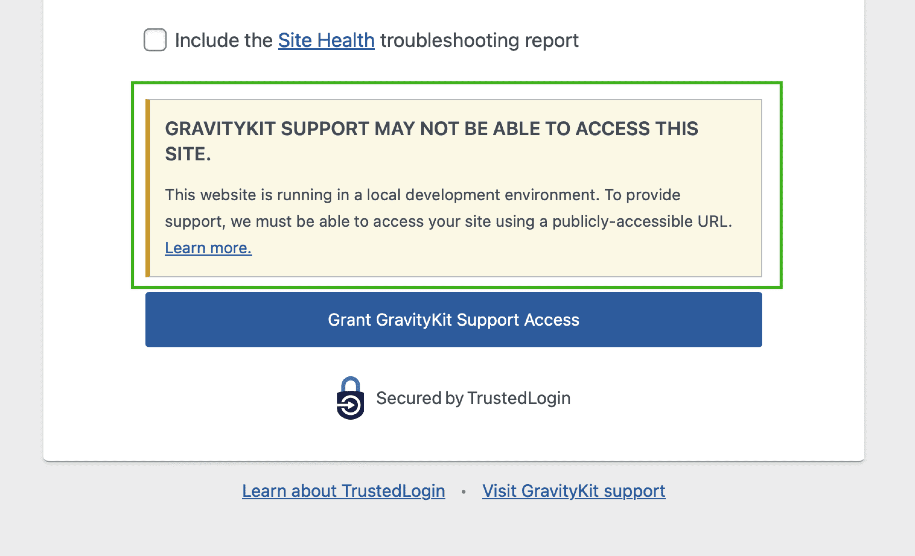 A screenshot of the Grant Support Access form with the notice circled with a green border.