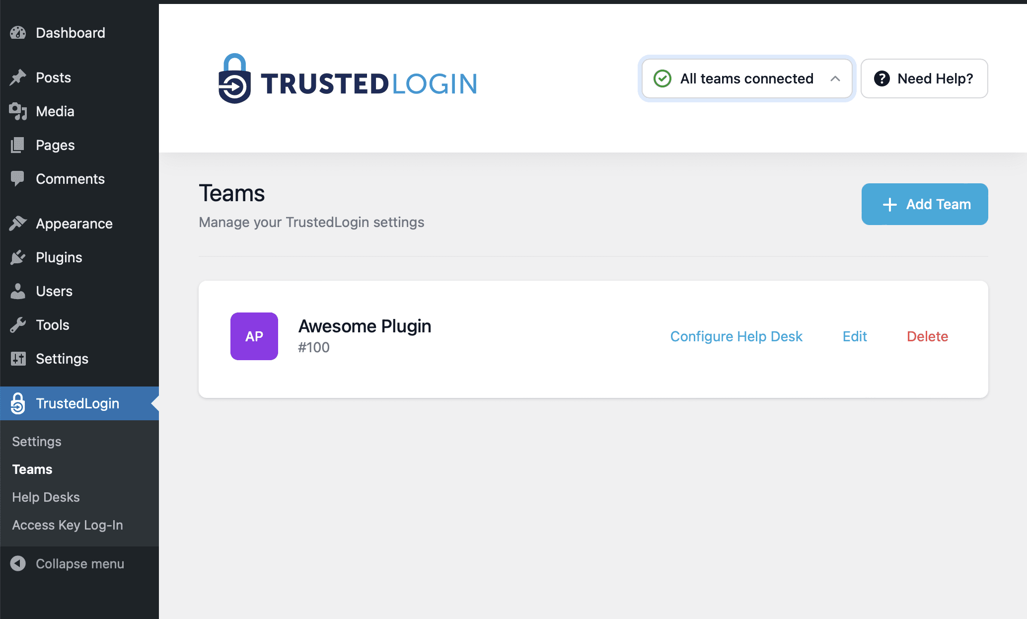 Inside the WordPress admin, with TrustedLogin "Teams" sub-menu selected and a teams list layout showing